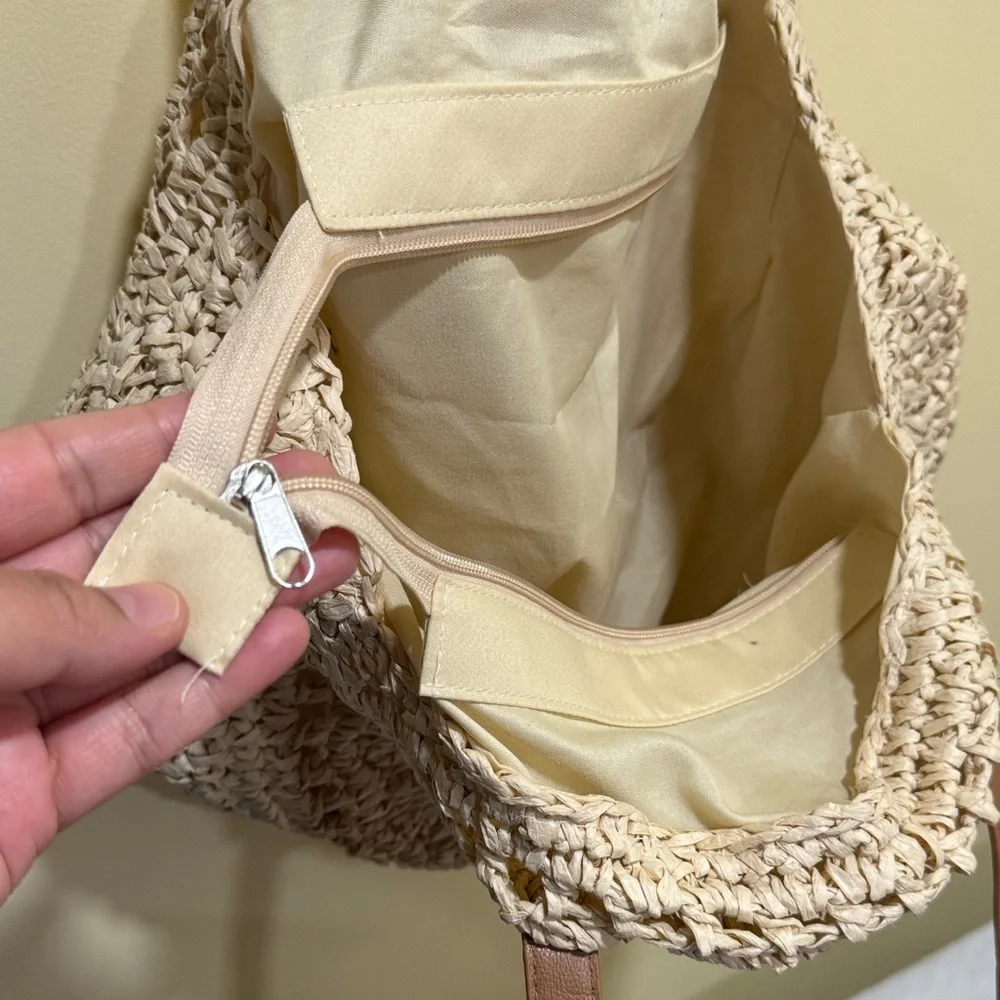 Beige Woven Tote Bag with Brown Straps - Picture 13 of 15